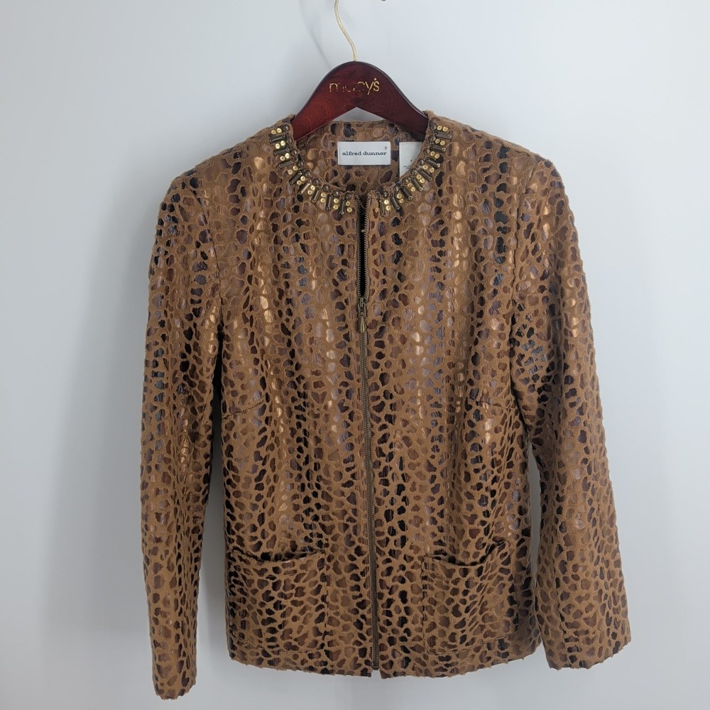 Alfred Dunner Animal Print Long Sleeve Classic Beaded Zip Jacket Brown Size‎ 8